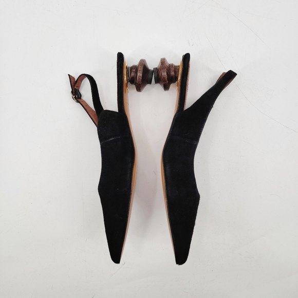 Souliers Martinez Black Pointed Toe Wooden Kitten Heel Slingback Size 8 EU 39 - Picture 3 of 16